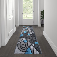 Flash Furniture ACD-RGTRZ860-27-BL-GG Jubilee Collection 2' x 7' Blue Abstract Area Rug - Olefin Rug with Jute Backing for Hallway, Entryway, Bedroom, Living Room